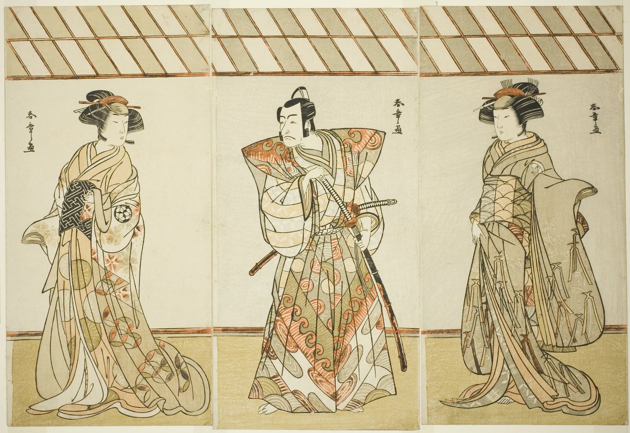 Oyuncu Onoe Tamizo I, Nishikigi (?) Veya Otae (?) (Sağ), Miura Heidayu Kunitae (?) (Orta) olarak Ichikawa Danjuro ve Osagawa Tsuneyo II, Oyuki (?) (Sol) olarak, Play Date Nishiki Tsui no Yumitori (?), Morita Tiyatrosu
