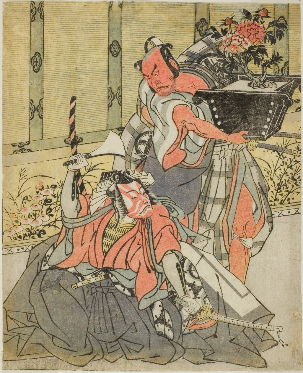 Play Fuki Kaete Tsuki mo Yoshiwara'da Shinagawa Okaminosuke (sağda) rolünde Otani Hiroemon III ve Arashishi Otokonosuke (solda) Ichikawa Danjuro V, by Katsukawa Shunsho