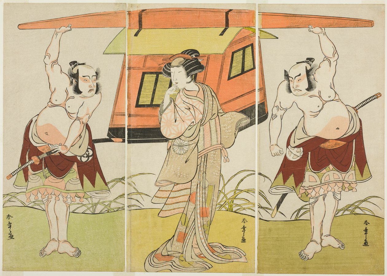 Oyuncular Otani Hiroji III Yokambei olarak (sağda), Nakamura Tomijuro I Kuzunoha olarak (ortada) ve Bando Mitsugoro I Yakambei olarak (solda), Play Shinodazuma