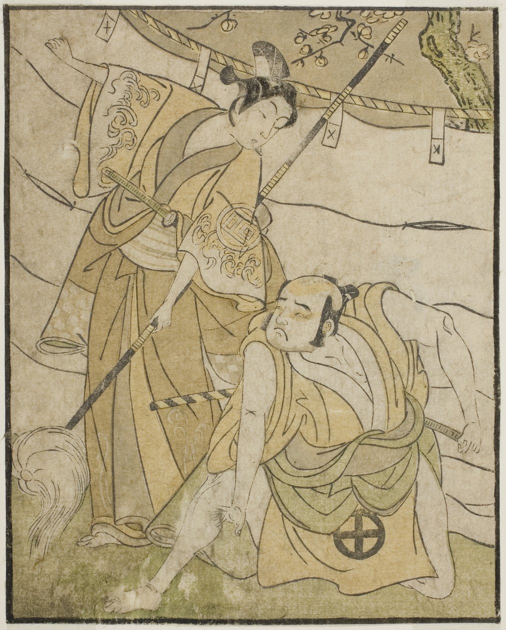 Aktörler Otani Tomoemon I Emohei olarak (sağda) ve Sanogawa Ichimatsu II Sanada Yoichi olarak (solda), Play Myoto-giku Izu no Kisewata