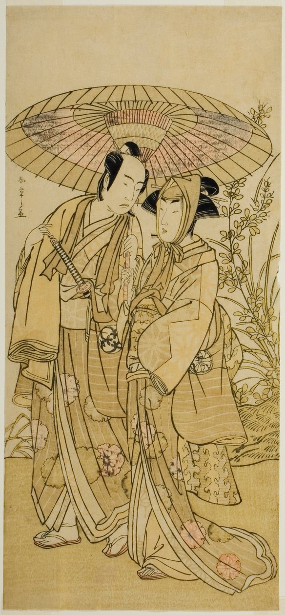 Aktörler Segawa Kikunojo III (sağda) Ochiyo olarak ve Bando Mitsugoro I (solda) Manav Hambei olarak, Play Kabuki no Hana Bandai Soga