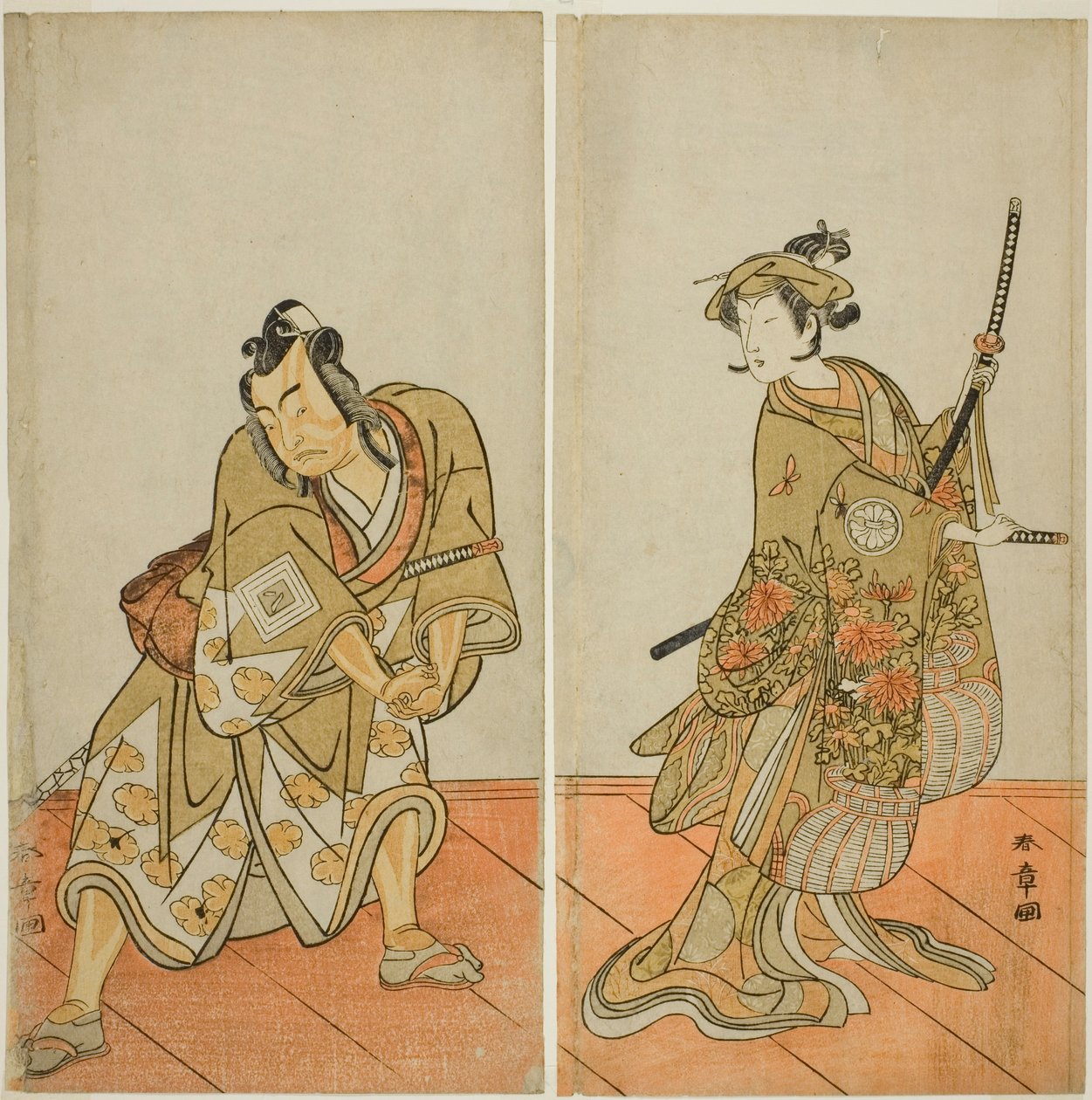 Aigo no Waka olarak Play Segawa Kikunojo III (sağda) ve Hachio-maru Aratora olarak Ichikawa Yaozo II (solda) by Katsukawa Shunsho