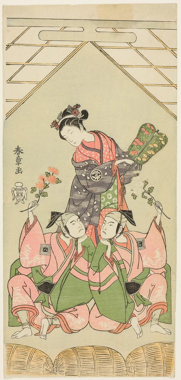 Aktörler Segawa Kikunojo II, Islak Hemşire Reizei rolünde, Ichikawa Komazo I, Shamisen Oyuncusu Kichiroku Kisvesi altında Suruga no Hachiro rolünde (sağda) ve Palanquin Taşıyıcı Kichinai Kichinai