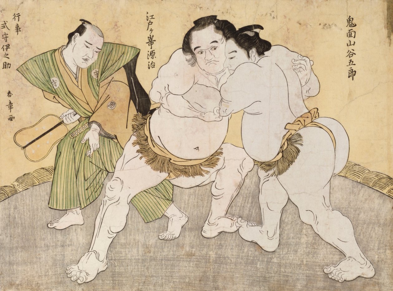 Kimenzan Tanigoro ve Edogasaki Gemji arasındaki Güreş Maçı (renkli tahta baskı) by Katsukawa Shunsho