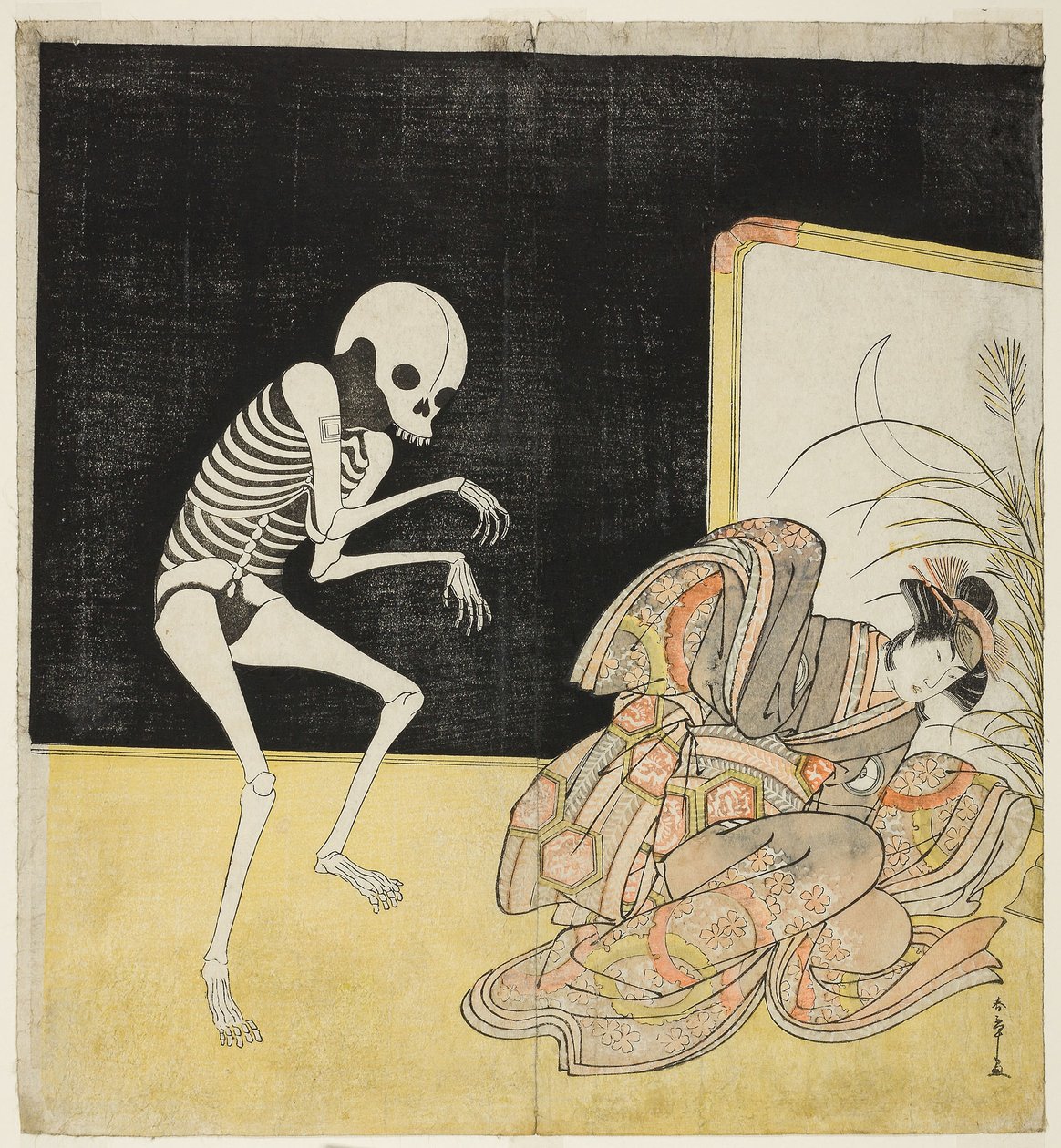 Oyuncular, bir iskelet olarak Ichikawa Danjuro V, dönek keşiş Seigen'in ruhu (solda) ve 'Çam ve Kirazın İzleri' oyununda Prenses Sakura olarak Iwai Hanshiro IV (sağda) by Katsukawa Shunsho
