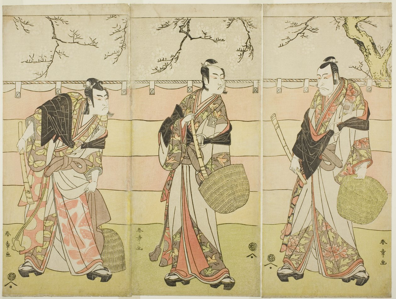 Üç Komuso Keşişi: Oyunun Altıncı Perdesinde Kudo Suketsune (sağda) olarak Aktörler Ichikawa Ebizo (Danjuro V), Soga no Juro Sukenari (ortada) Ichikawa Monnosuke II ve Soga no Goro Tokimune (solda) Ichikawa Omezo I Waka Murasaki Edokko Soga (Soluk Mor) by Katsukawa Shunsho