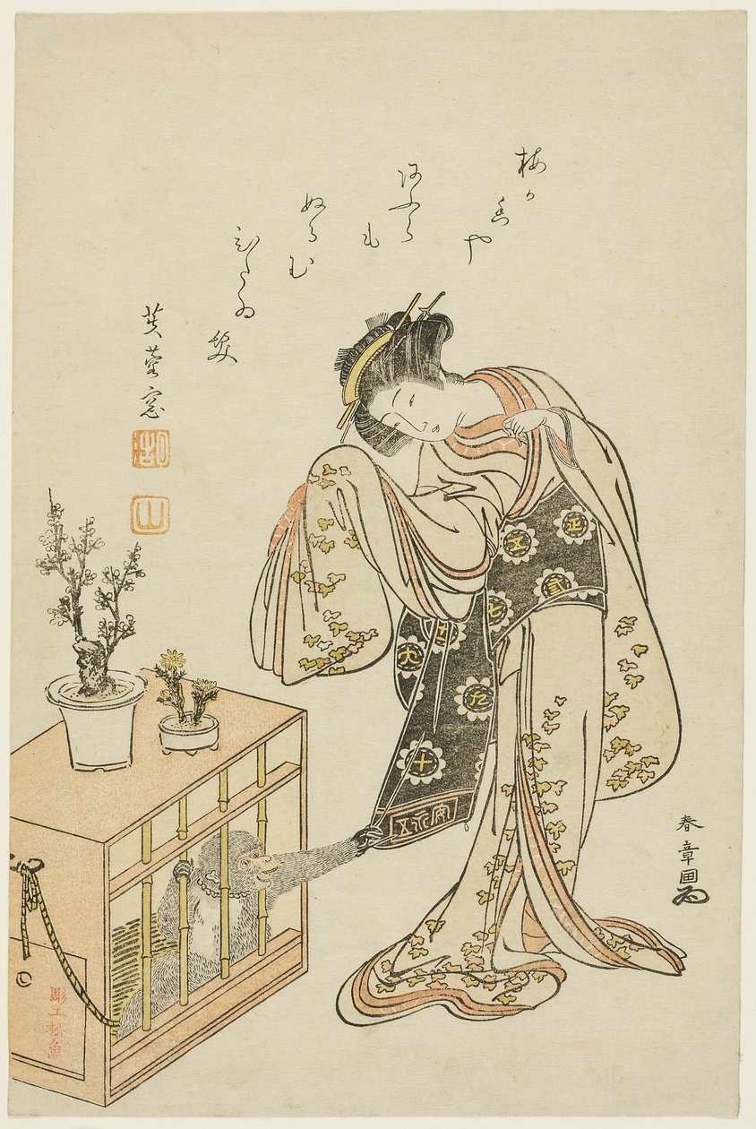 Kafesteki Maymunlu Genç Kadın (Yeni Yıl 1776 Takvim Baskısı) by Katsukawa Shunsho