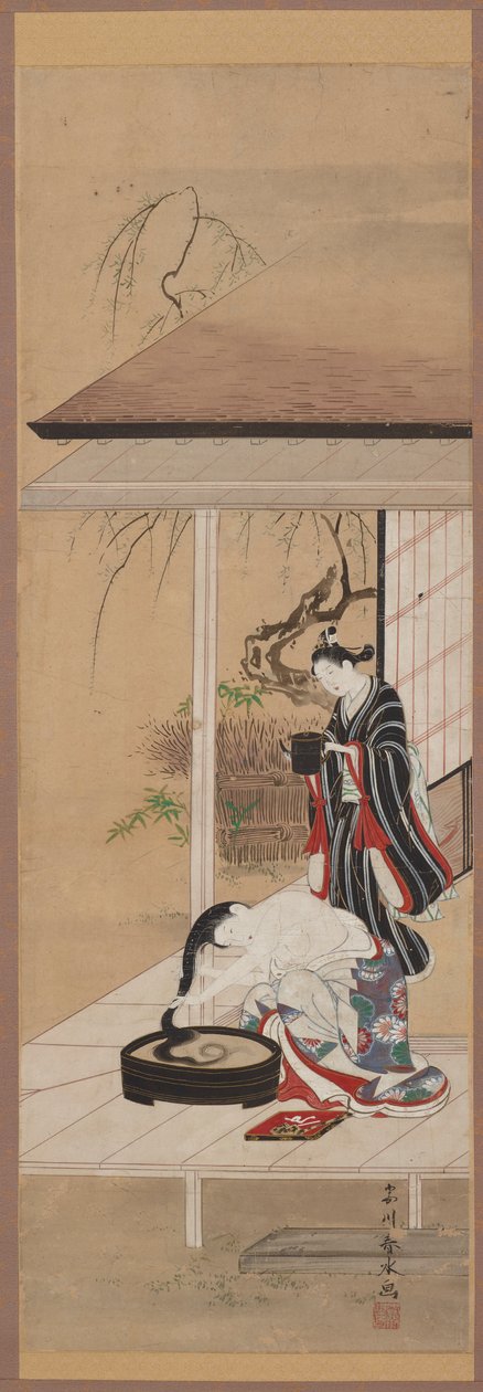 Bir hizmetçiyle saçlarını yıkayan kadın, 18. yüzyılın ortalarında. by Katsukawa Shunsui