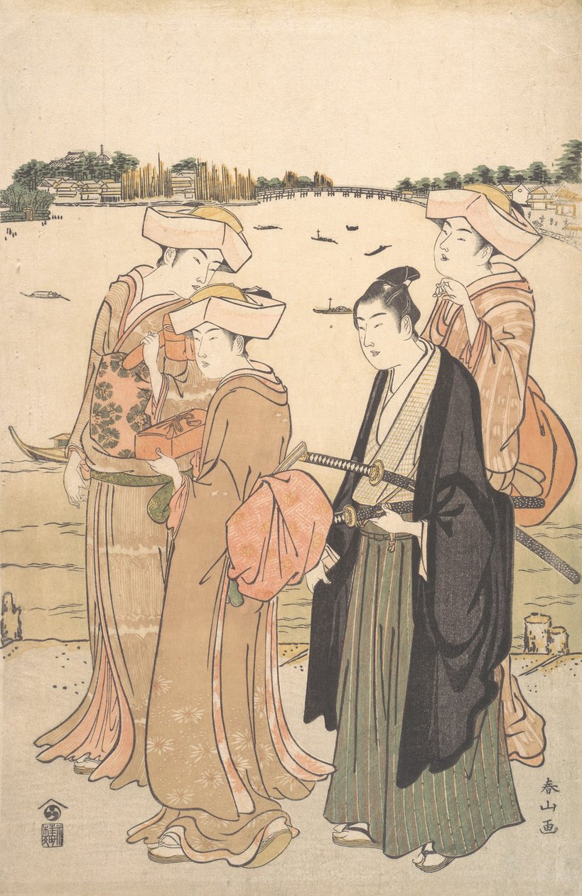 Genç Bir Samuray ve Üç Kadın, yak. 1789. by Katsukawa Shunzan
