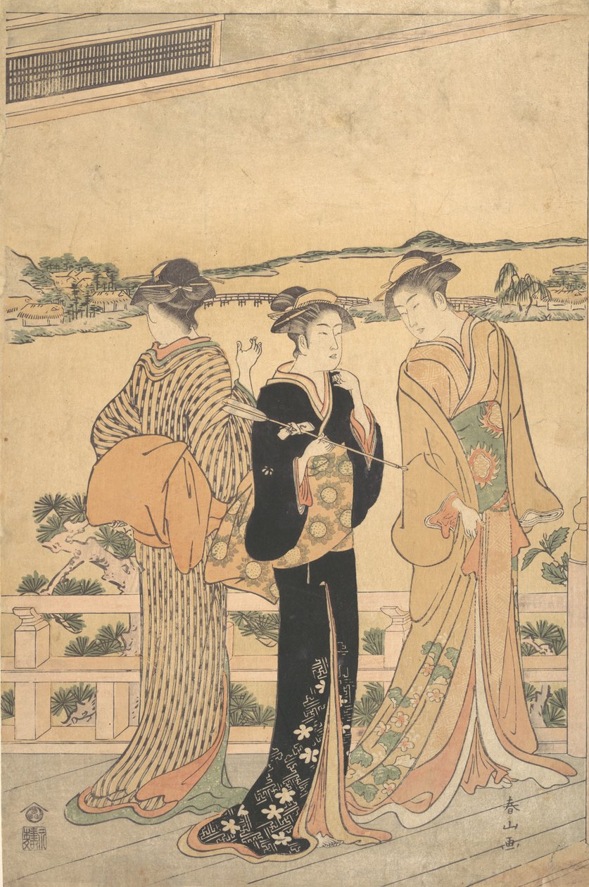 Körfeze bakan bir verandada üç kadın, 19. yüzyılın sonlarında. by Katsukawa Shunzan