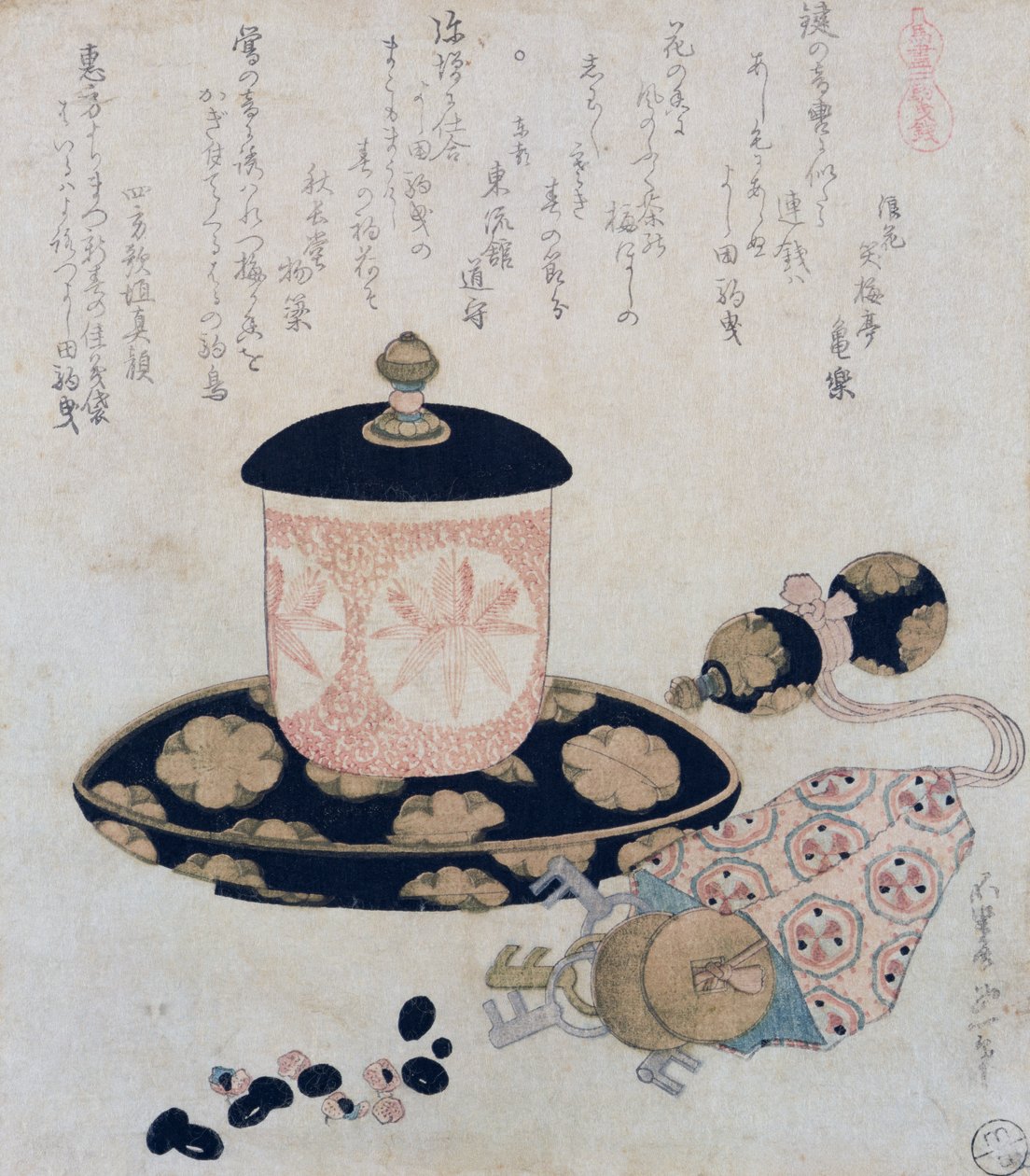 Bir Demlik Çay ve Anahtarlar, 1822 (renkli tahta baskı) by Katsushika Hokusai