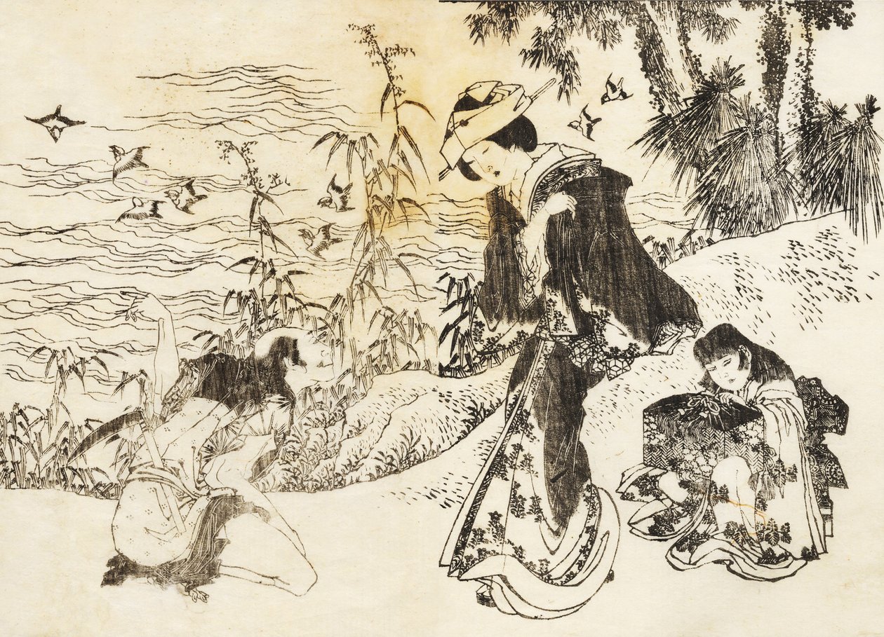 Bir gelin hizmetçisiyle yolda by Katsushika Hokusai