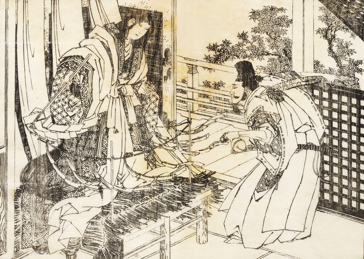 Shinto tapınağındaki bir kadının elinde bir sürü kağıt yaprağı olan bir sopa var. by Katsushika Hokusai