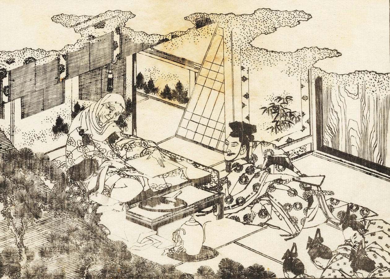 Yaşlı bir kadın, belki de Budizm rahibesi oturur ve genç bir kadın ona bir şeyler okur. by Katsushika Hokusai