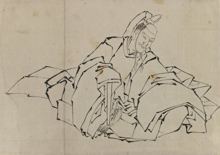Oturan Asilzadenin Tam Kostümlü Çizimi by Katsushika Hokusai