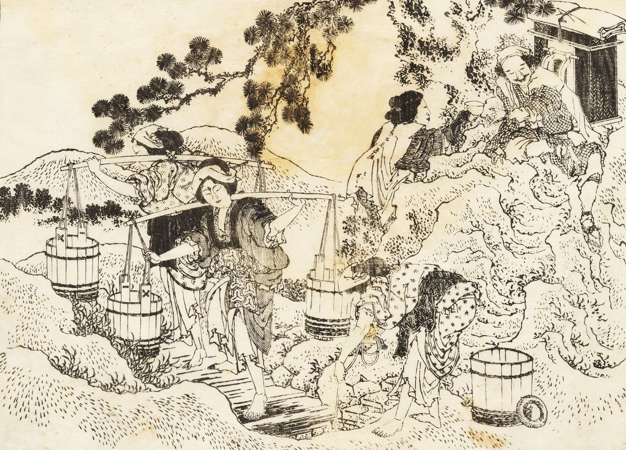 Çok sıkı çalışan ve fıçı su taşıyan dört kadın by Katsushika Hokusai