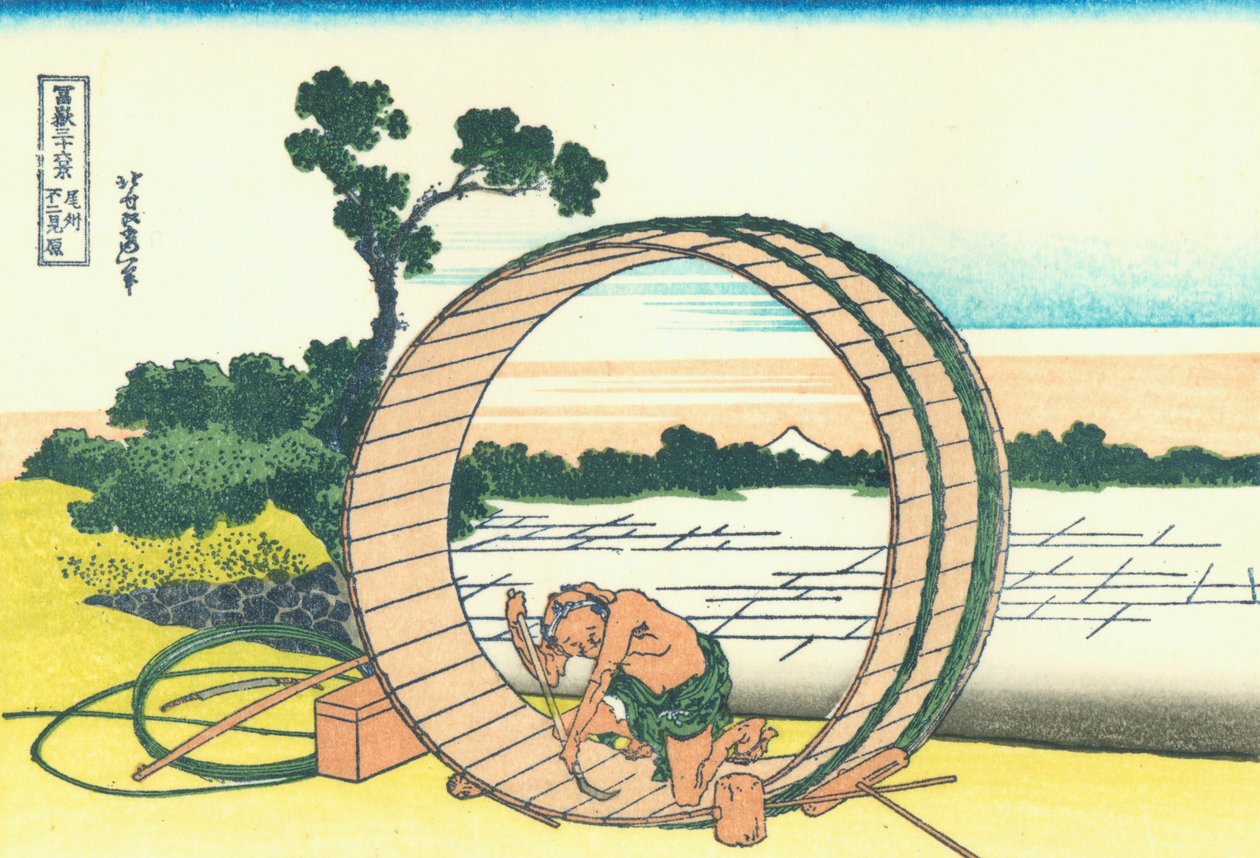 Fuji, Owari Eyaletindeki pirinç tarlalarından görüntülendi by Katsushika Hokusai