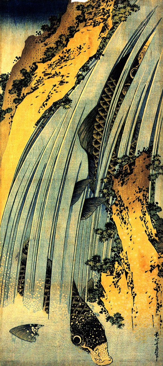 Bir çağlayan içinde iki sazan by Katsushika Hokusai