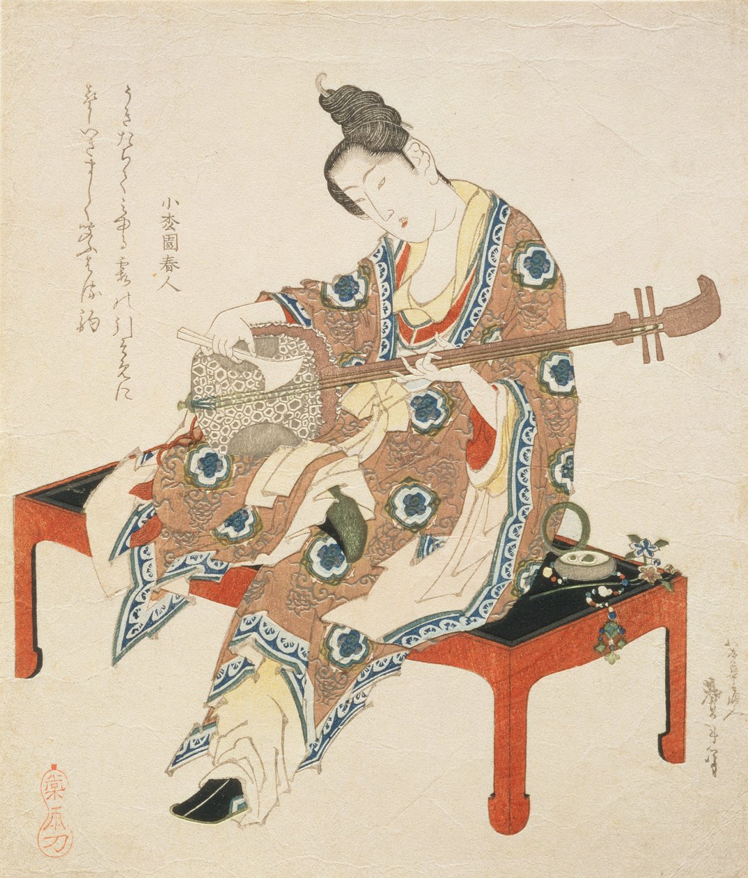 Shamisen Oynayan Çinli Güzel, c.1833-34 (tahta baskı) by Katsushika II Taito