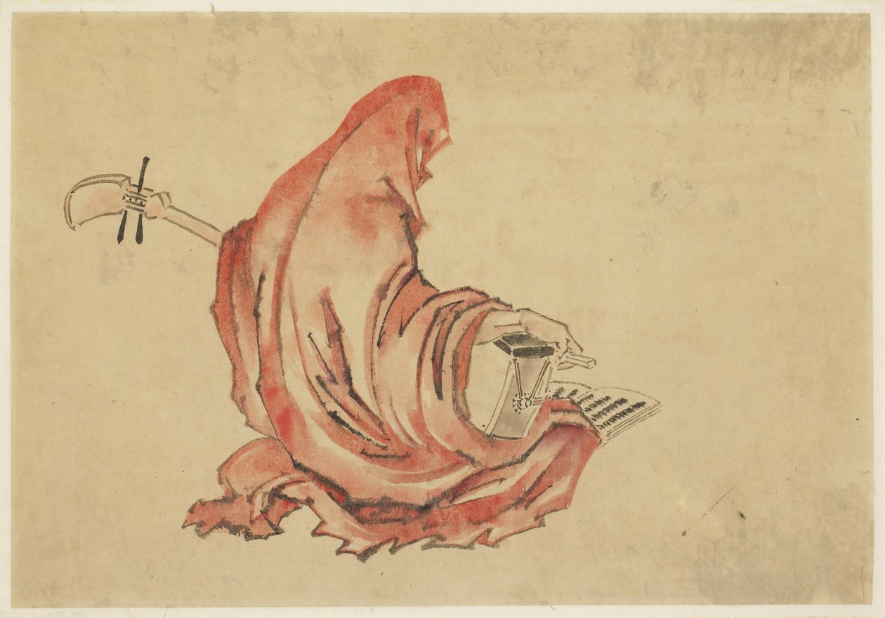 Daruma Shamisen Oynamak, c.1815-1849 (kağıt üzerinde mürekkep ve renk) by Katsushika (school of) Hokusai