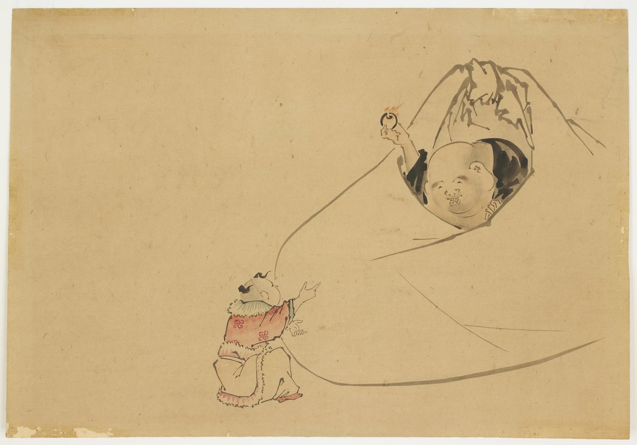 Küçük Bir Çocuğa Alevli Mücevher Sunan Hotei, c.1850 (kağıt üzerinde mürekkep ve renk) by Katsushika (school of) Hokusai