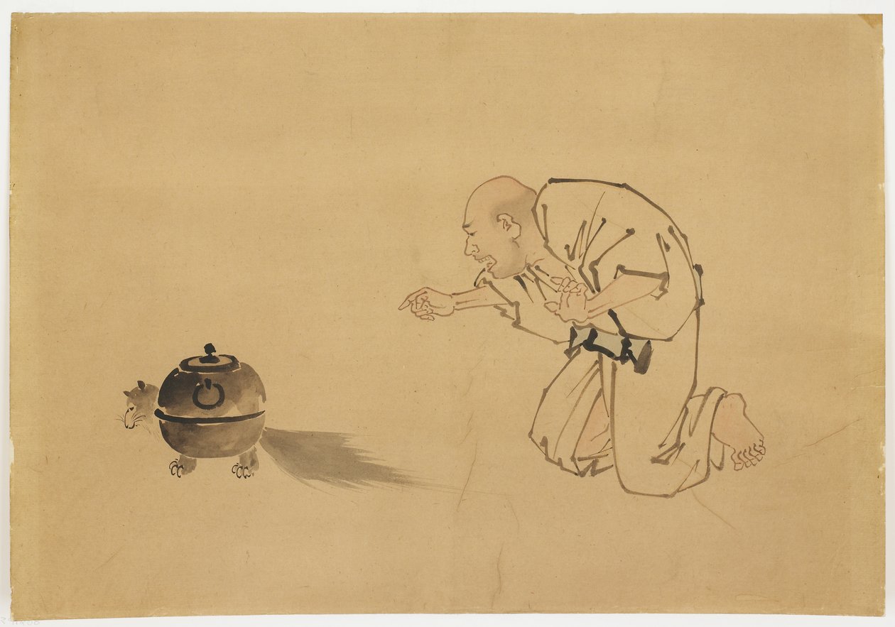 "Tanuki Teakettle" çizimi, c.1850 (kağıt üzerinde mürekkep ve renkli) by Katsushika (school of) Hokusai