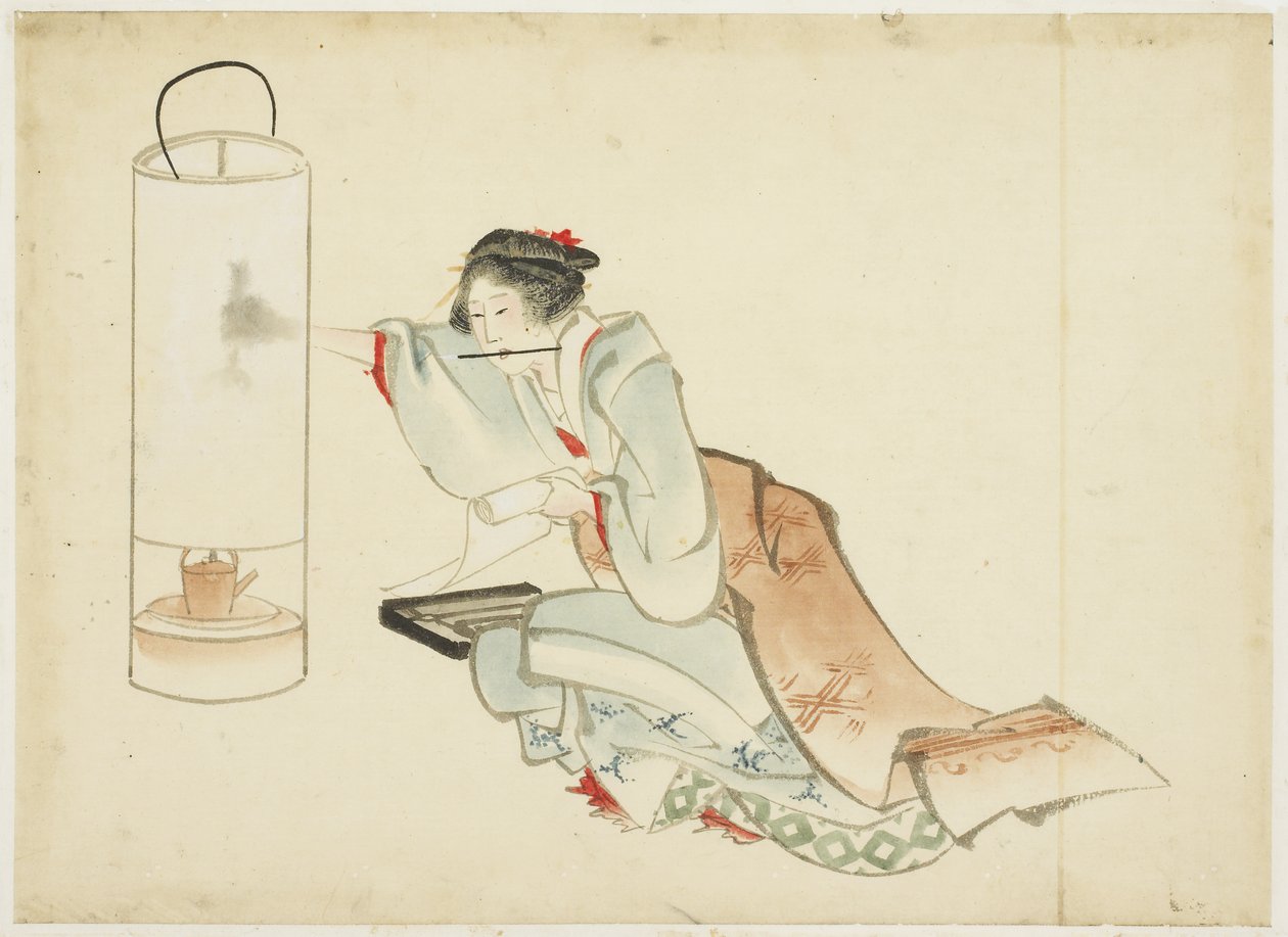 Lamba Ayarlayan Hanım, c.1815-1849 (kağıt üzerine mürekkep ve renk) by Katsushika (school of) Hokusai