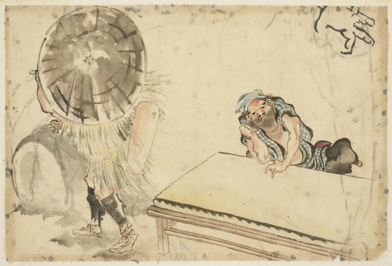 Mochi Yapıcı ve Tatami Yapıcı (iki eskizler), c.1815-1849 (kağıt üzerinde mürekkep ve renk) by Katsushika (school of) Hokusai