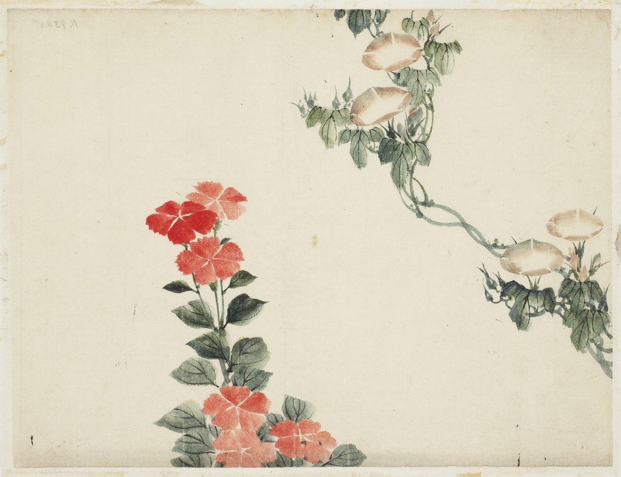 Sabah Zaferi ve Kırmızı Çiçekler by Katsushika (school of) Hokusai