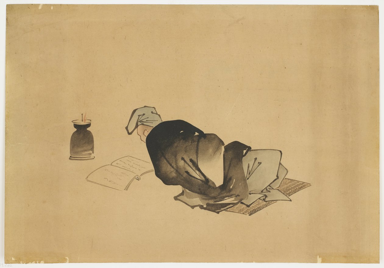 Uzanan Adam Lamplight tarafından Okuma, yaklaşık. 1850 (kağıt üzerinde mürekkep ve renk) by Katsushika (school of) Hokusai