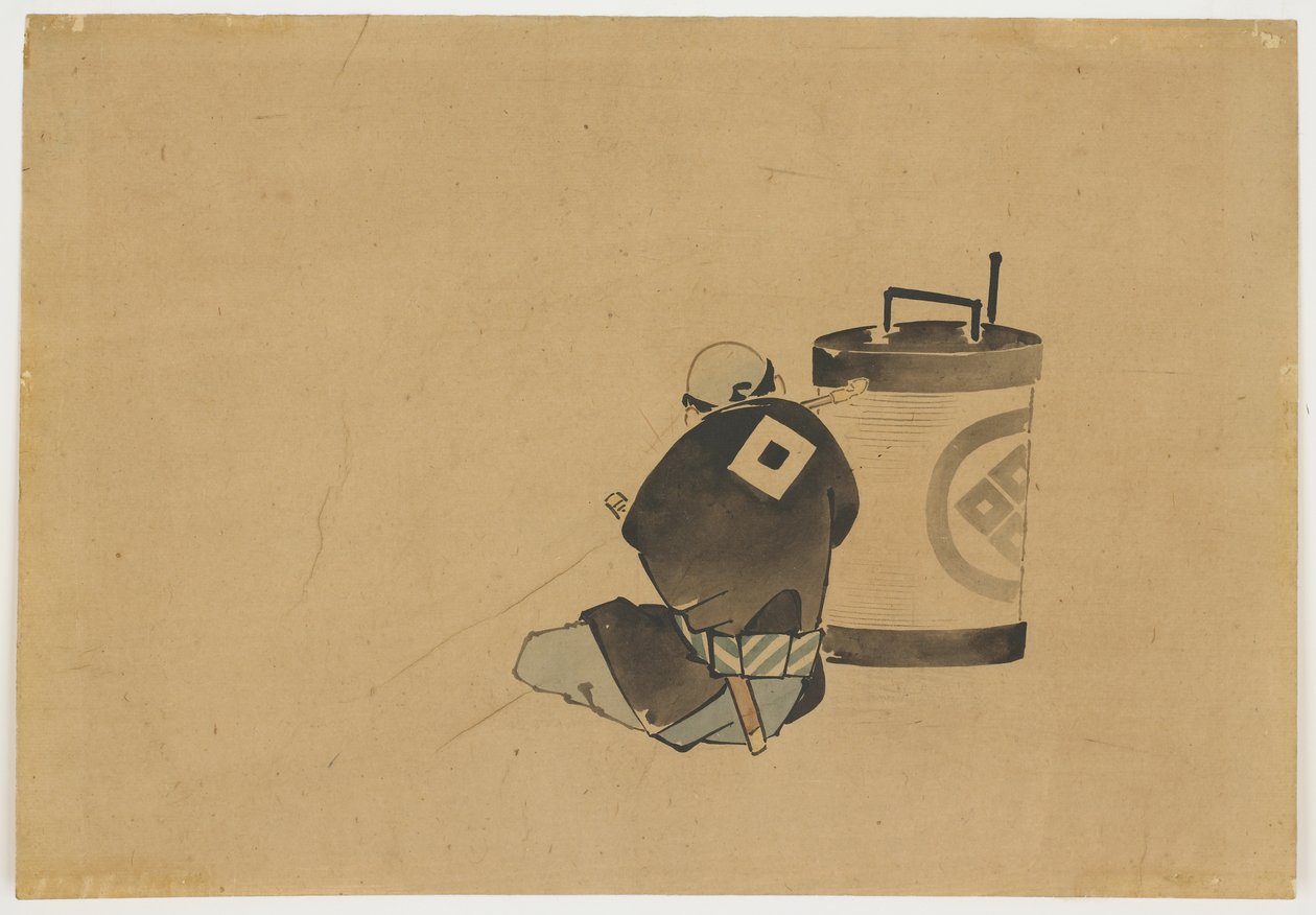 Oturan Refakatçi Lambanın Yanında Sigara İçiyor, ca. 1850 (kağıt üzerinde mürekkep ve renk) by Katsushika (school of) Hokusai