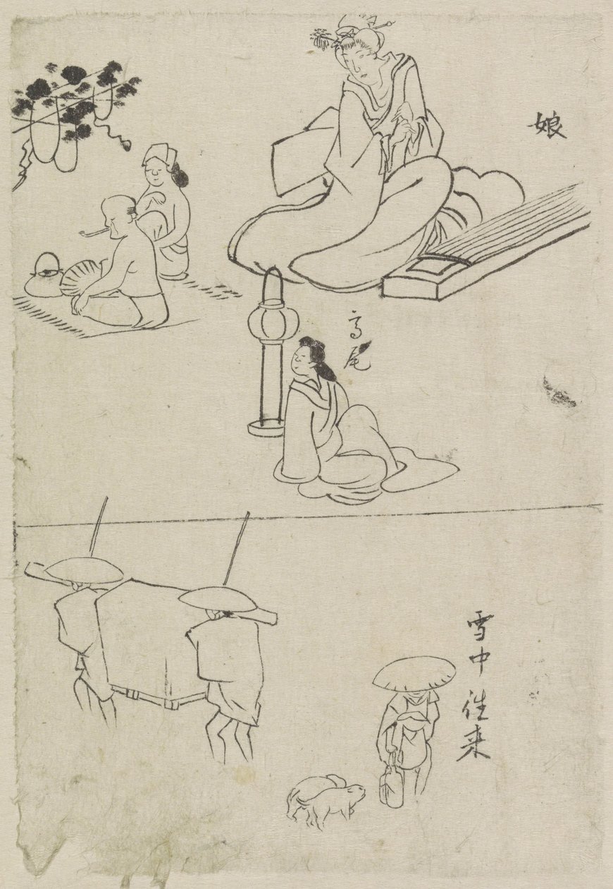 Kotolu bir bayan, oturan bir bayan ve iki erkek dahil olmak üzere çeşitli performanslar by After Katsushika Hokusai