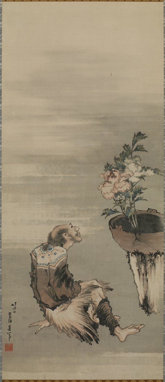 Saksıda Şakayıklara Bakan Oturan Bir Adam, Edo dönemi (kağıt üzerine mürekkep ve renk) by Katsushika Hokusai
