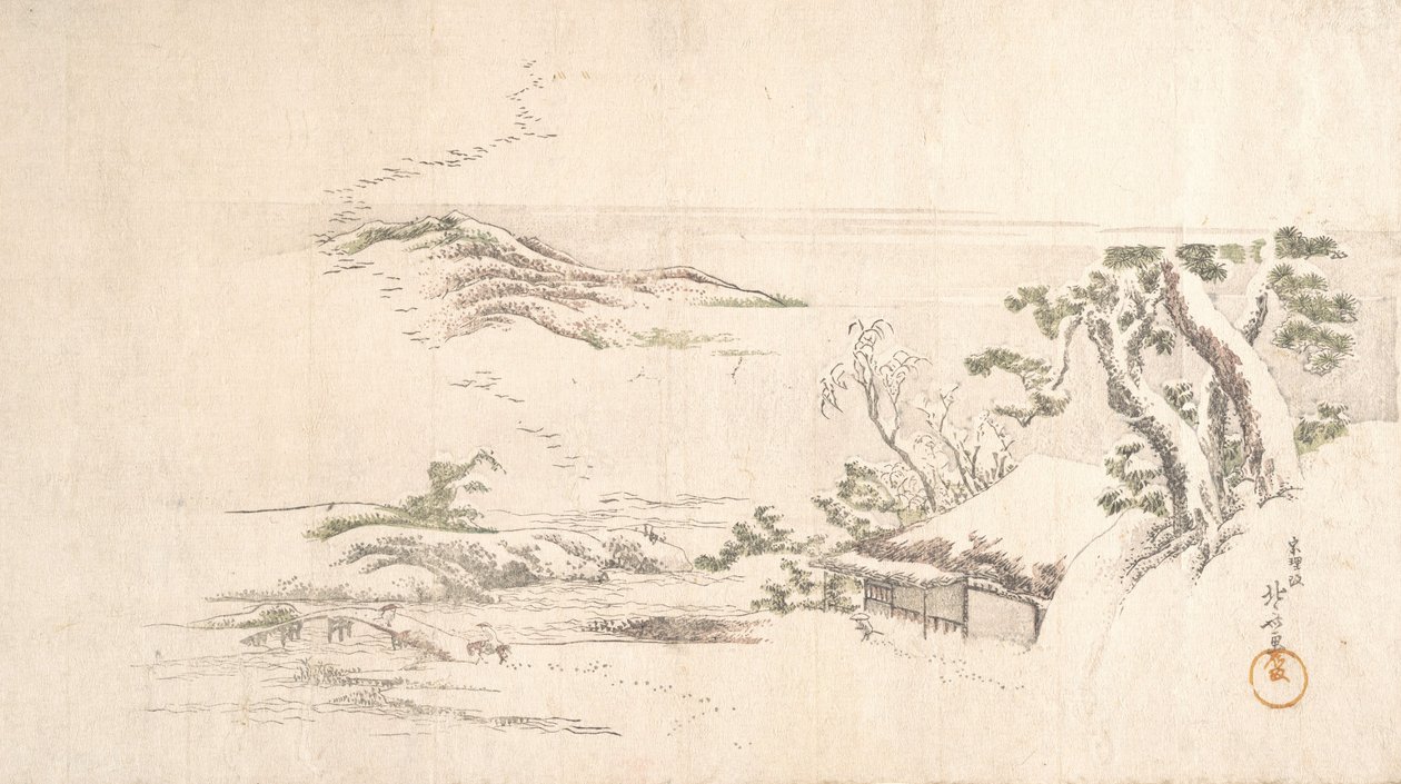 Gri Bulutlu Karla Kaplı Bir Manzara, yaklaşık. 1800. by Katsushika Hokusai