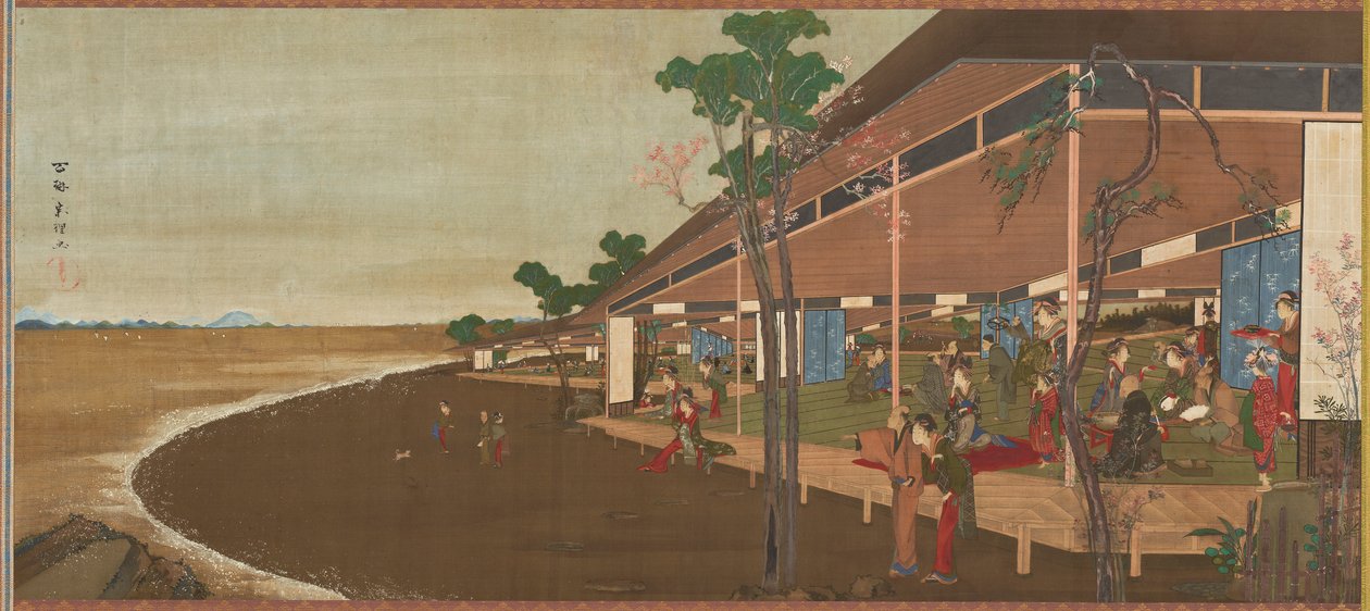 18. yüzyılın sonlarında 19. yüzyılın başlarında deniz kıyısında bir eğlence tesisi. by Katsushika Hokusai