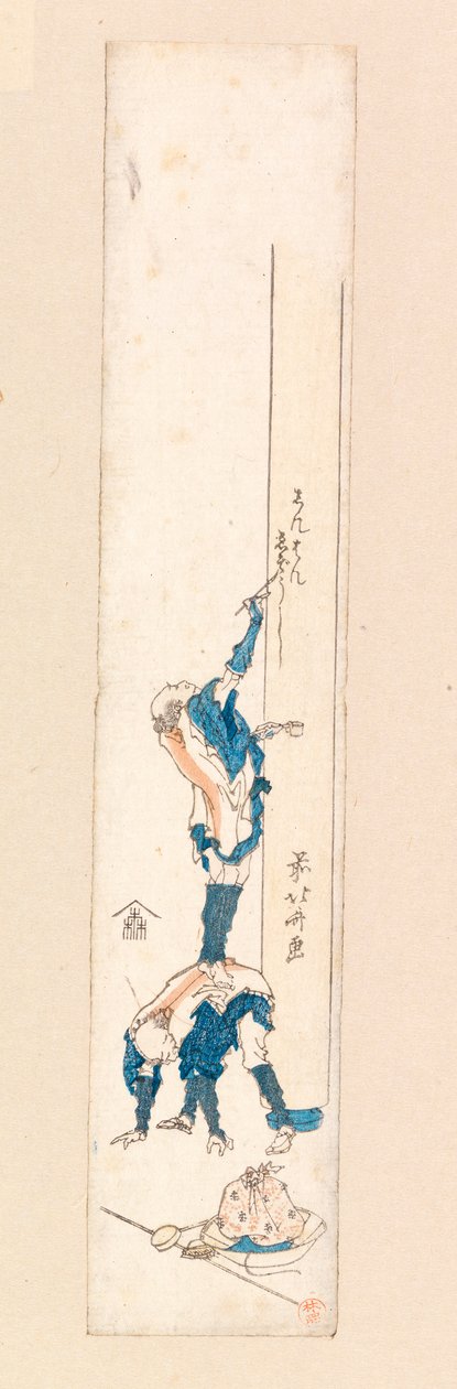 Bir adamın sırtında duran ve bir sütunun üzerine yazan sanatçı, 1820 dolayları (renkli gravür) by Katsushika Hokusai