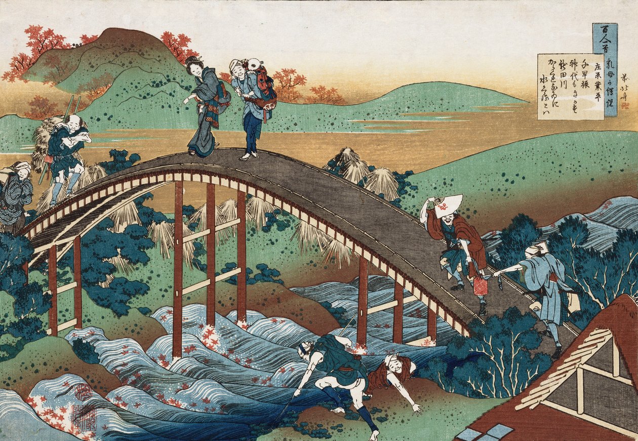 Tsutaya Nehri üzerindeki sonbahar yaprakları, "Hemşirenin Anlattığı Yüz Şiir" serisinden, c.1839 by Katsushika Hokusai