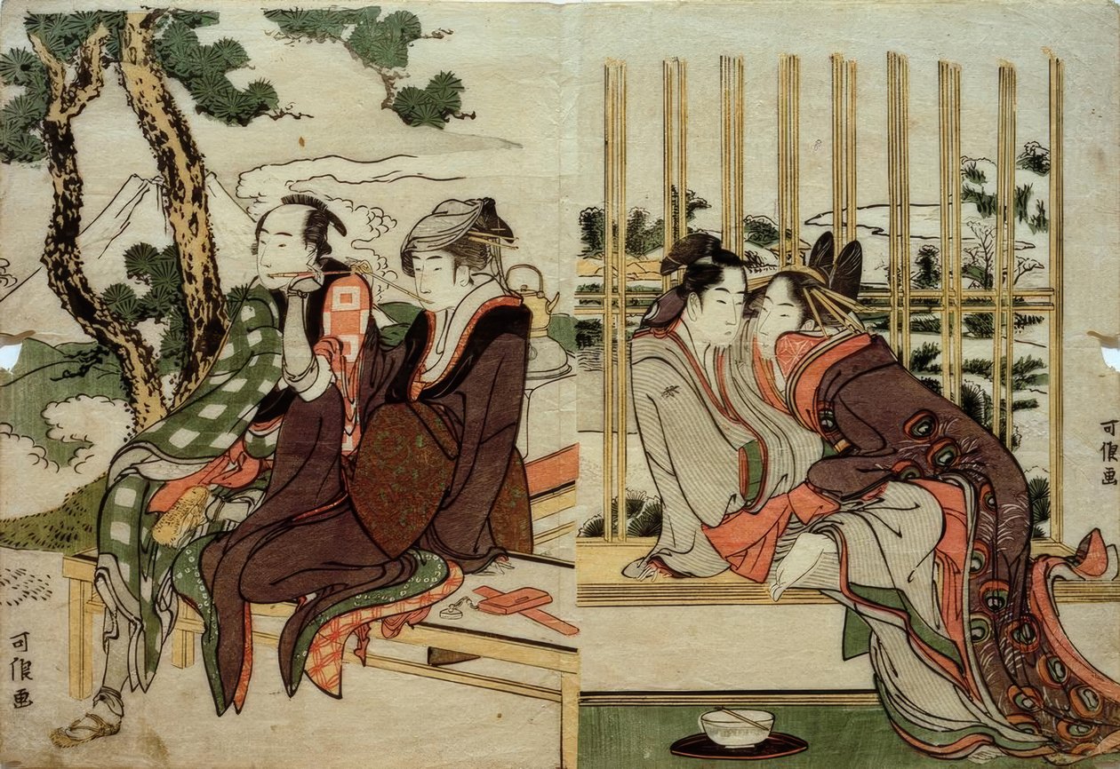 Azuma ve Yogoro eski karda. Gün batımında Koman ve Yosaku by Katsushika Hokusai