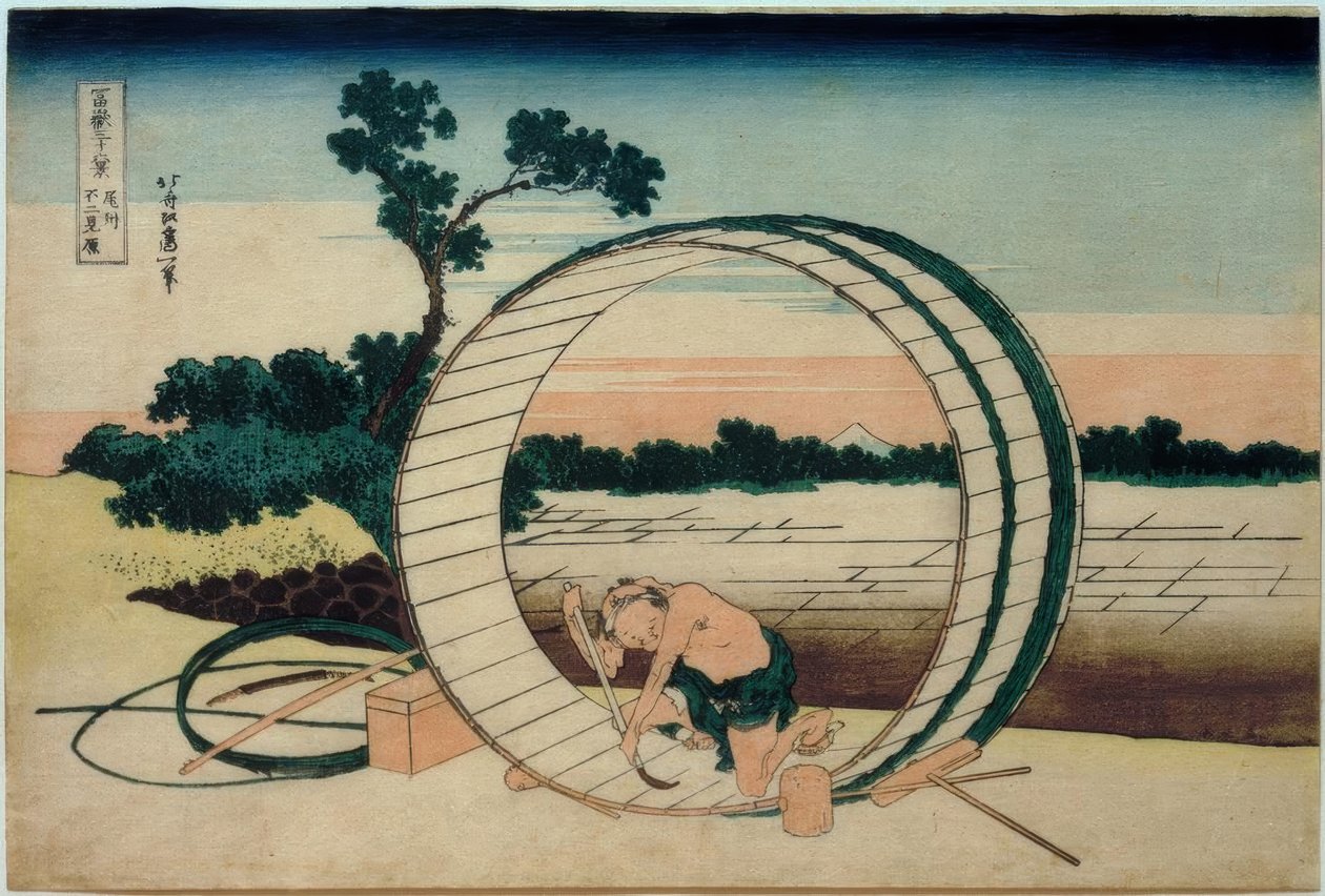 Owari Eyaletindeki pirinç tarlalarından görülen Fuji Dağı by Katsushika Hokusai