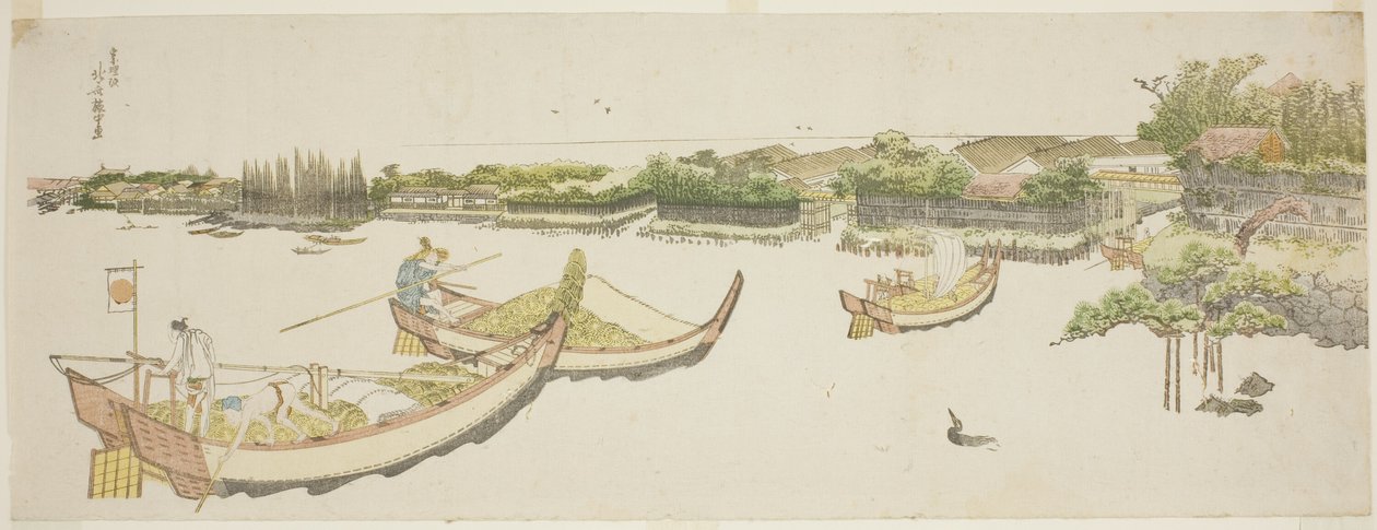 Sumida Nehri üzerinde pirinç taşıyan tekneler by Katsushika Hokusai
