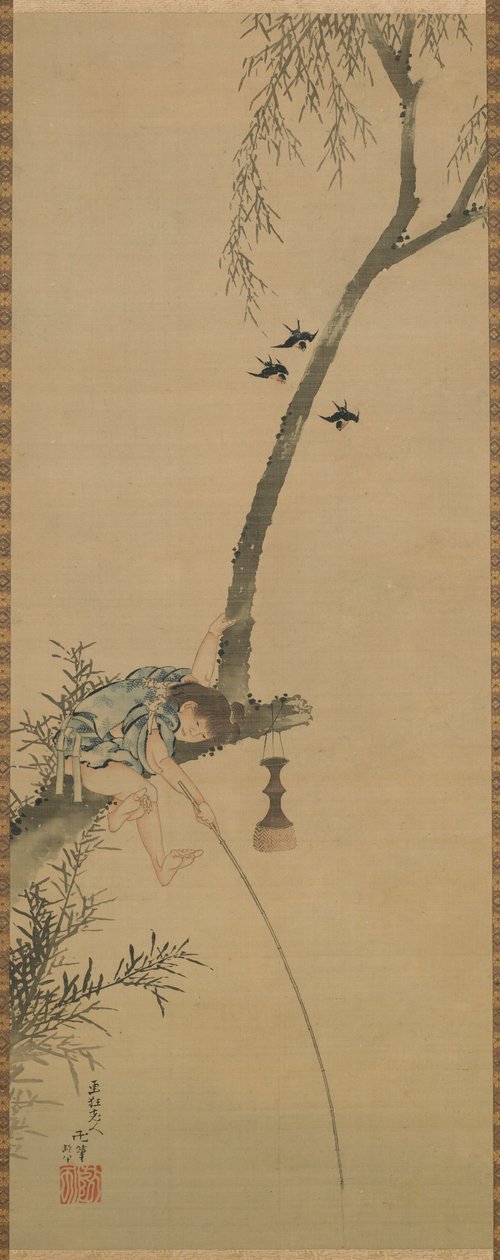 Bir ağacın dalından balık tutan çocuk, Edo dönemi, 1839. by Katsushika Hokusai