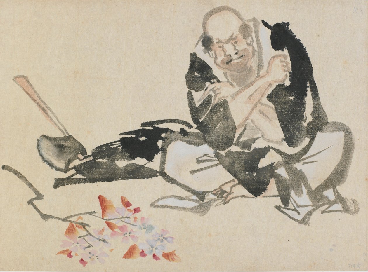18. yüzyılın sonları ile 19. yüzyılın başlarında kiraz dalları yakan bir rahibin Budist alegorisi. by Katsushika Hokusai