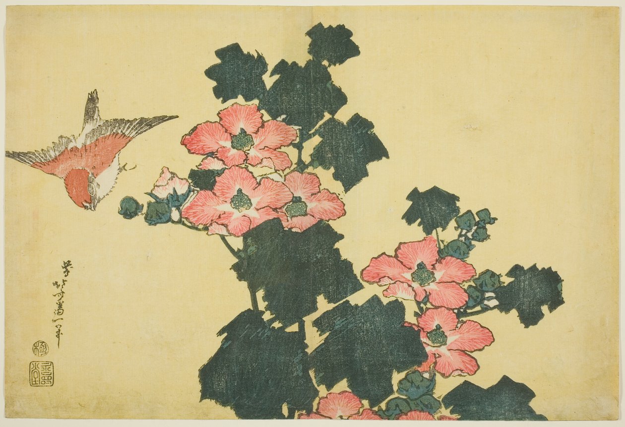 Pamuk Güller ve Serçe, isimsiz Büyük Çiçekler serisinden by Katsushika Hokusai