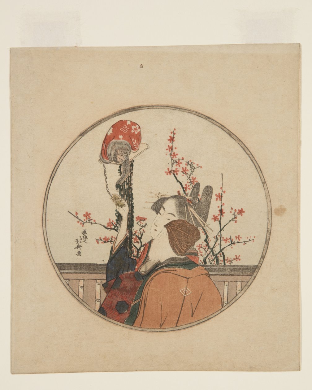 Courtesan, Guest ve Pet Monkey (renkli tahta baskı) by Katsushika Hokusai
