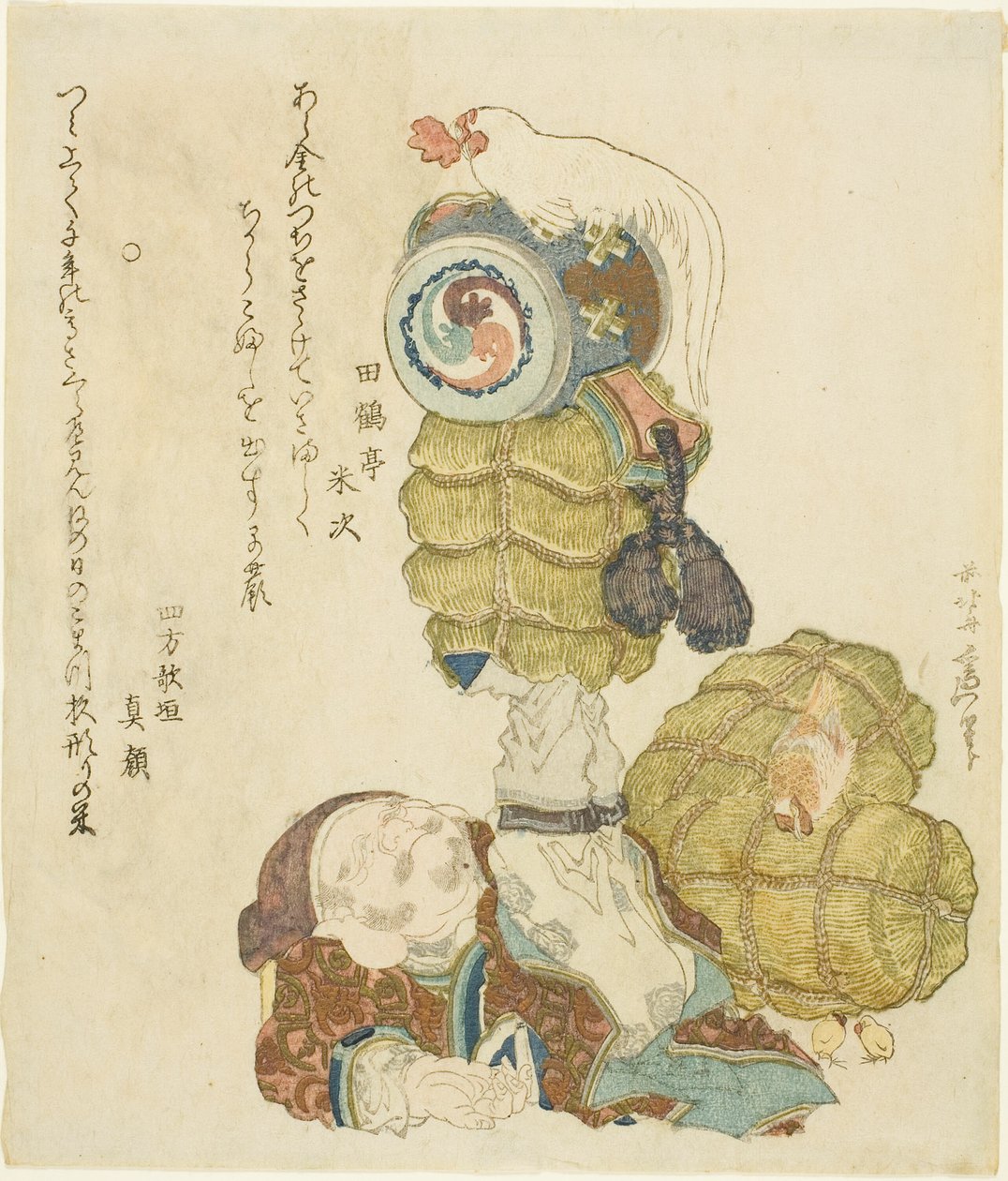 Daikoku, pirinç balyalarını, tokmak ve horozu ayakları üzerinde dengeliyor by Katsushika Hokusai