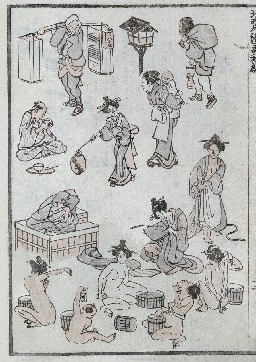 Manga'dan günlük yaşam hareketleri (renkli tahta baskı) by Katsushika Hokusai