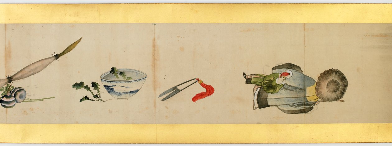 Çeşitli Resimlerle Elle Kaydırma Detayı, Edo Dönemi, kağıt üzerinde 1839 mürekkep ve renk by Katsushika Hokusai