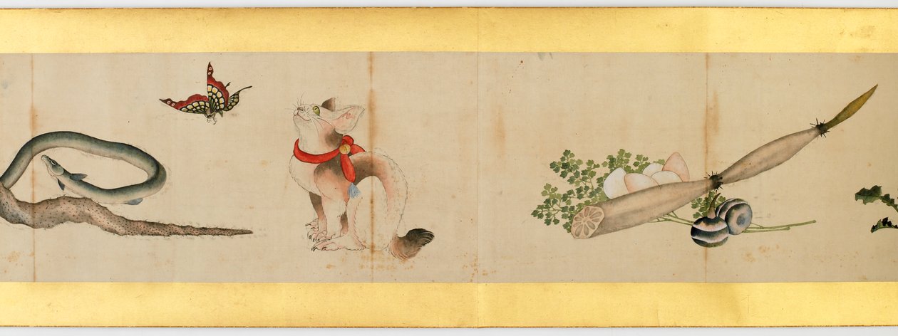 Çeşitli Resimlerle Elle Kaydırma Detayı, Edo Dönemi, kağıt üzerinde 1839 mürekkep ve renk by Katsushika Hokusai