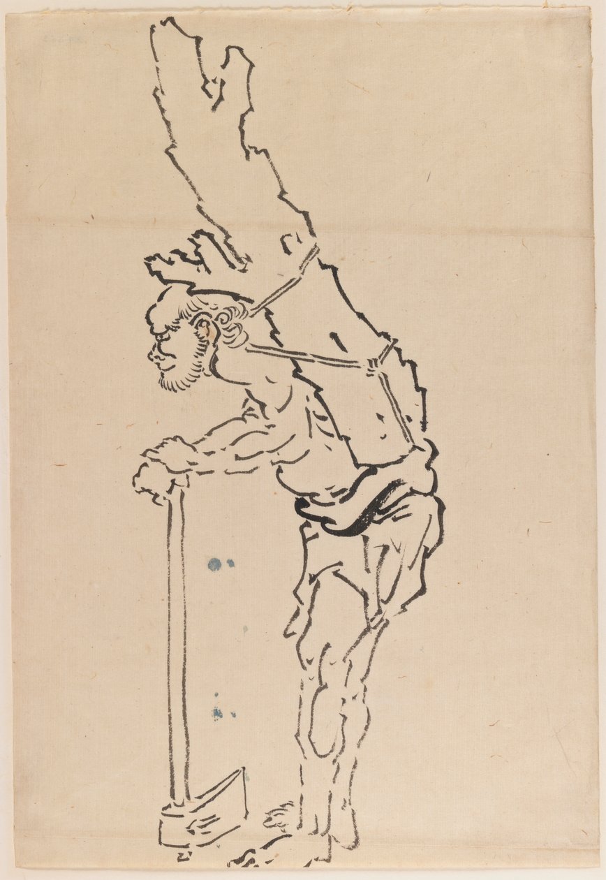 Bir balta üzerinde oturan ve sırtında bir ağaç gövdesinin bir kısmını taşıyan bir adamın çizimi (kağıt üzerine mürekkep) by Katsushika Hokusai