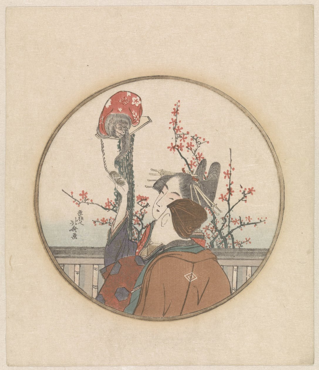 Maymun ve çiçek dalı ile çift by Katsushika Hokusai